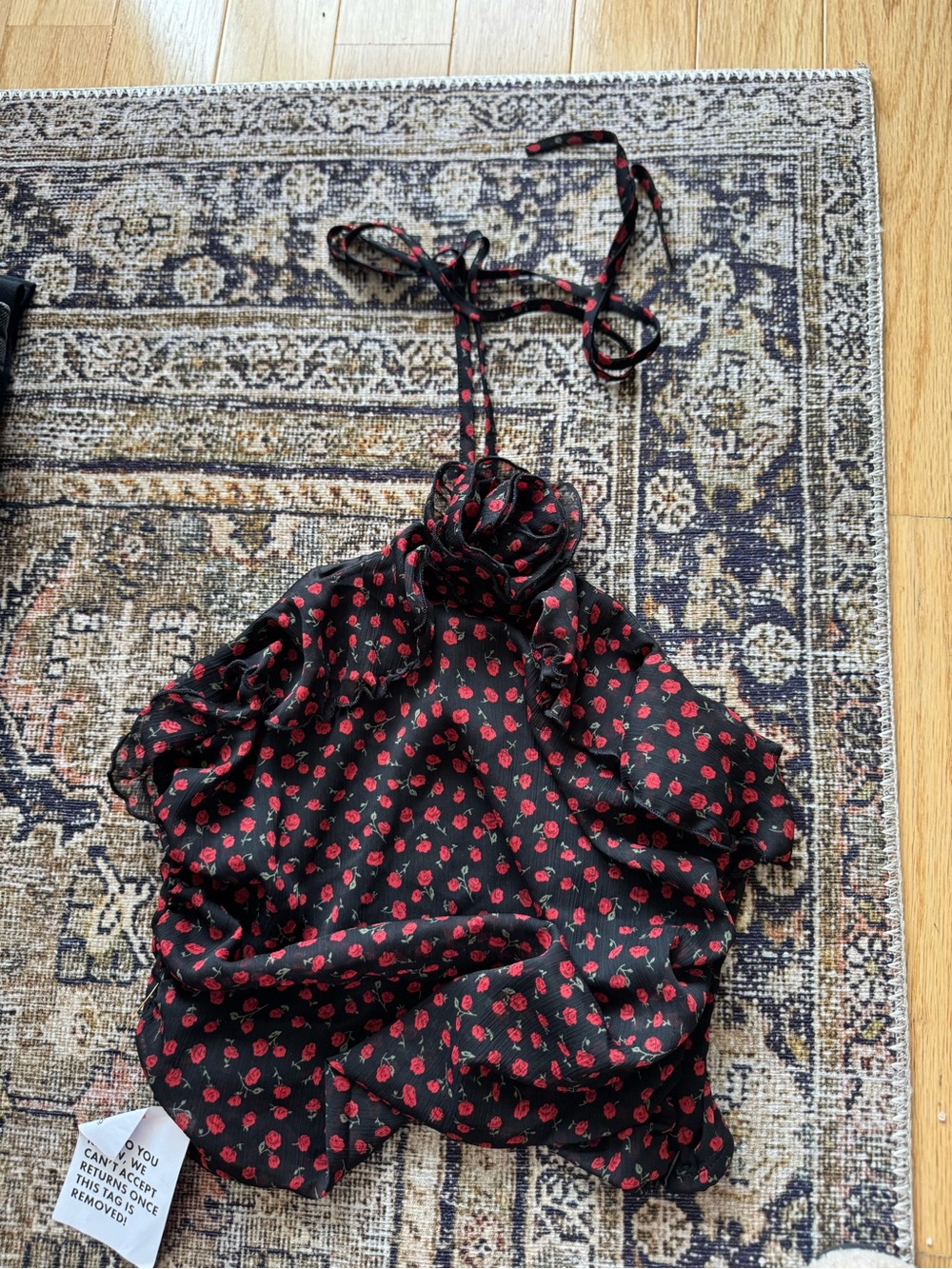 Miss Selfridge Black Halter Top with Red Rose Print
